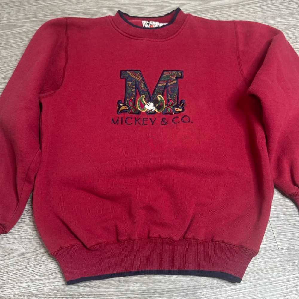 Vintage 90s Mickey Co Burgundy Embroidered Spellout Disney Sweatshirt Sz Medium
